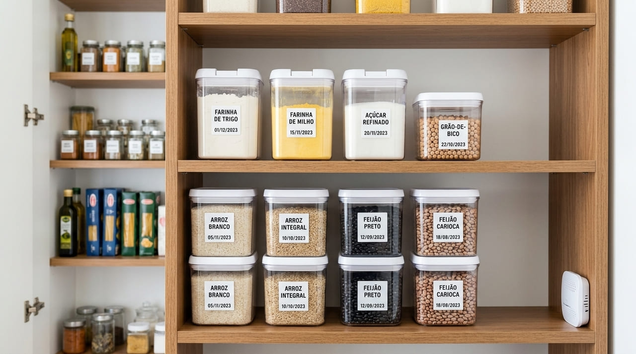 Transferir alimentos para recipientes vedados facilita o controle de validade e protege a saúde da família.