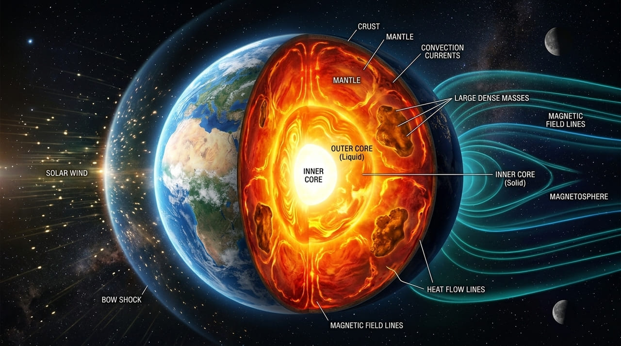 As estruturas do manto inferior regulam o fluxo de calor interno e sustentam o campo magnético que protege a Terra.