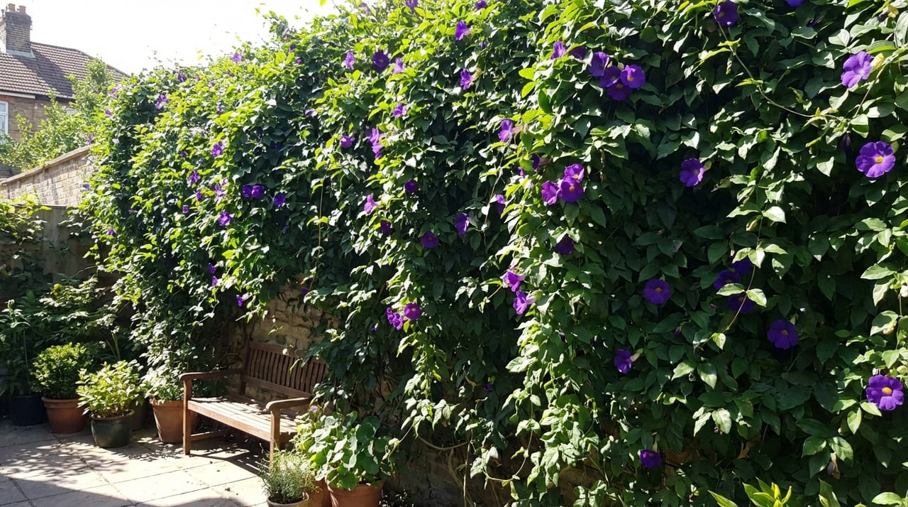 A Thunbergia erecta cria uma cobertura densa que garante privacidade e proporciona conforto térmico natural para a fachada.
