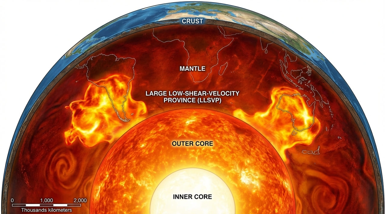 O interior do planeta abriga massas gigantescas que superam em escala qualquer relevo encontrado na superfície.