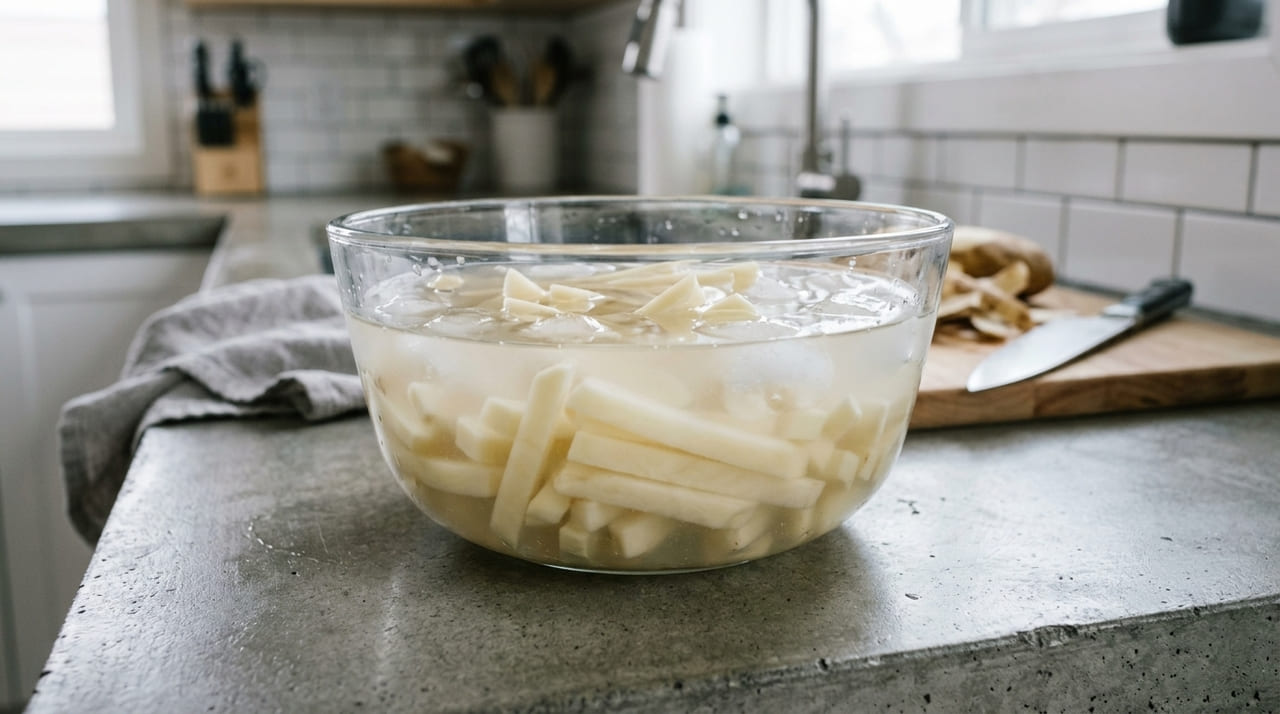 A escolha da batata asterix e o choque térmico no óleo quente garantem a textura ideal para o seu almoço.