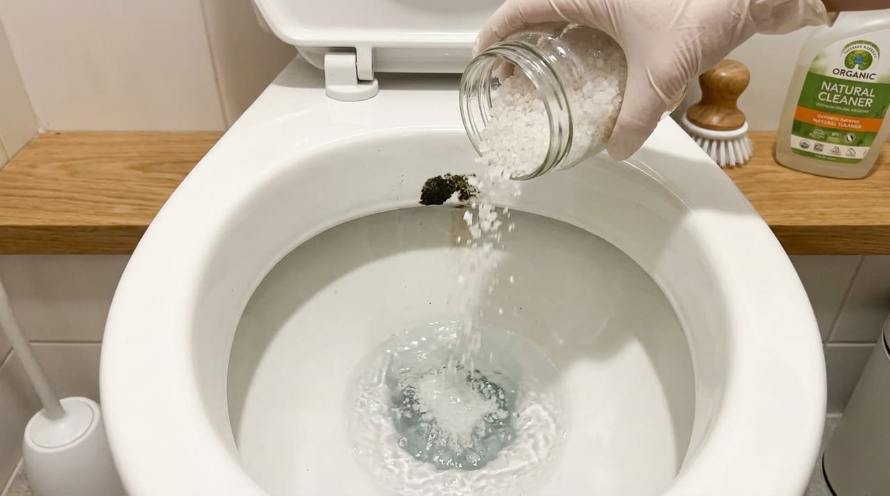 A aplicação noturna de sal grosso neutraliza odores desagradáveis e previne o acúmulo de minerais no encanamento.