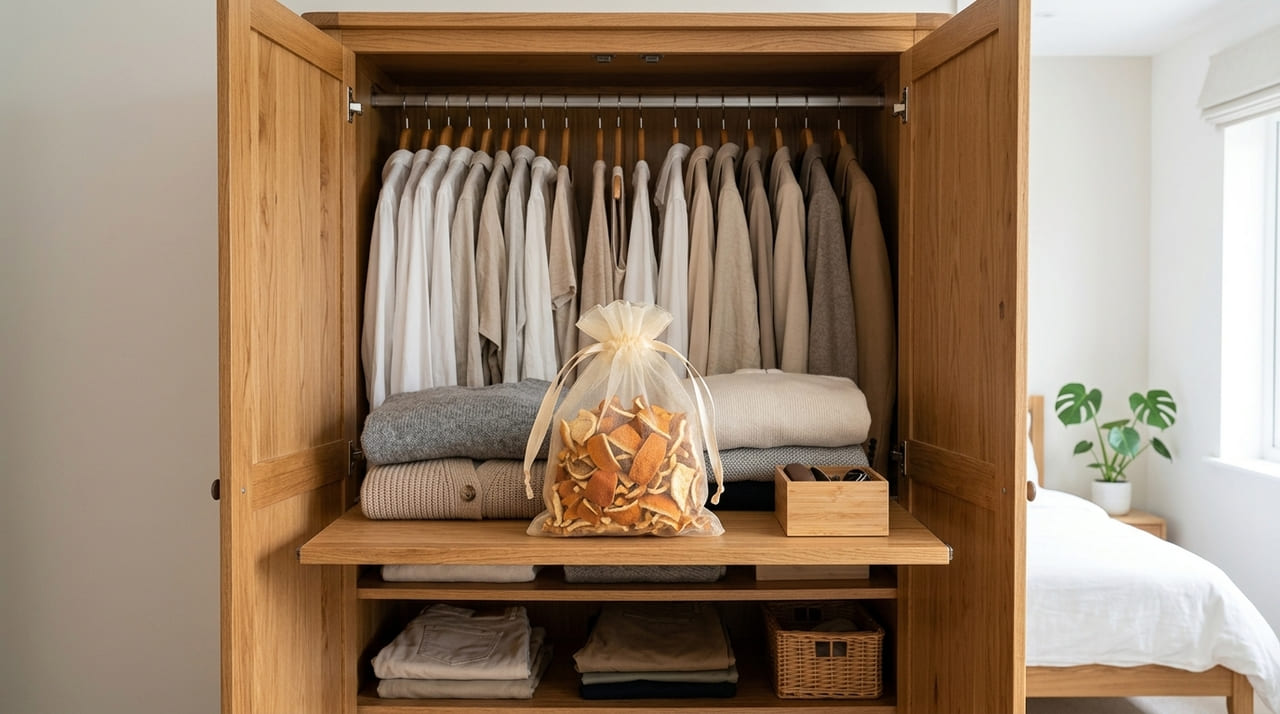 O limoneno presente nas cascas cítricas atua como um potente repelente de traças e neutralizador de odores.