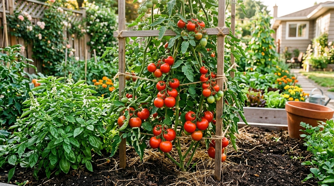 Cultivar tomate junto ao manjericão melhora o sabor dos frutos e cria uma barreira natural contra insetos invasores.