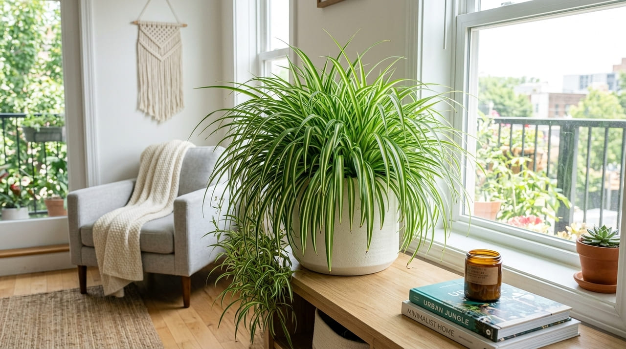 O Chlorophytum comosum une estética moderna e filtragem biológica para transformar apartamentos em refúgios saudáveis.