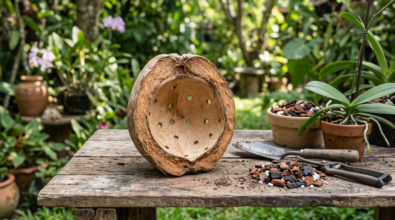 Close no detalhe das fibras de um coco seco preparado com furos laterais para drenagem.