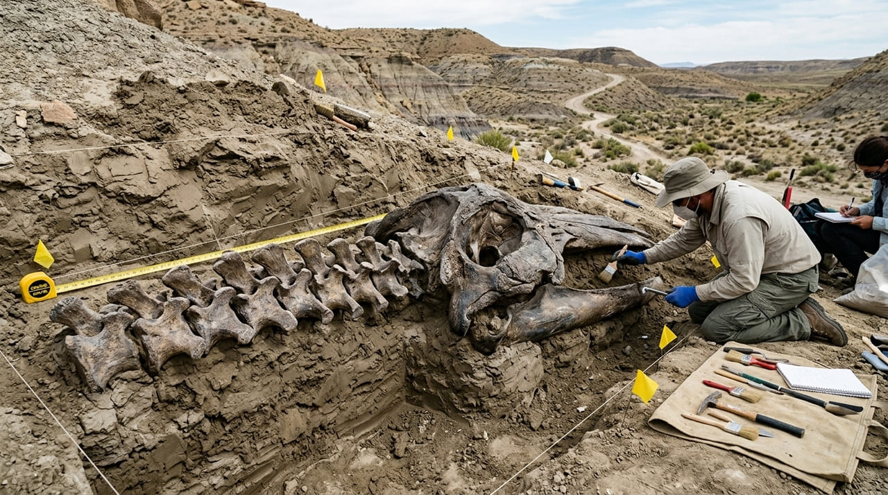Eventos climáticos extremos expõem esqueletos de cetáceos pré-históricos e auxiliam a compreensão da evolução marinha.
