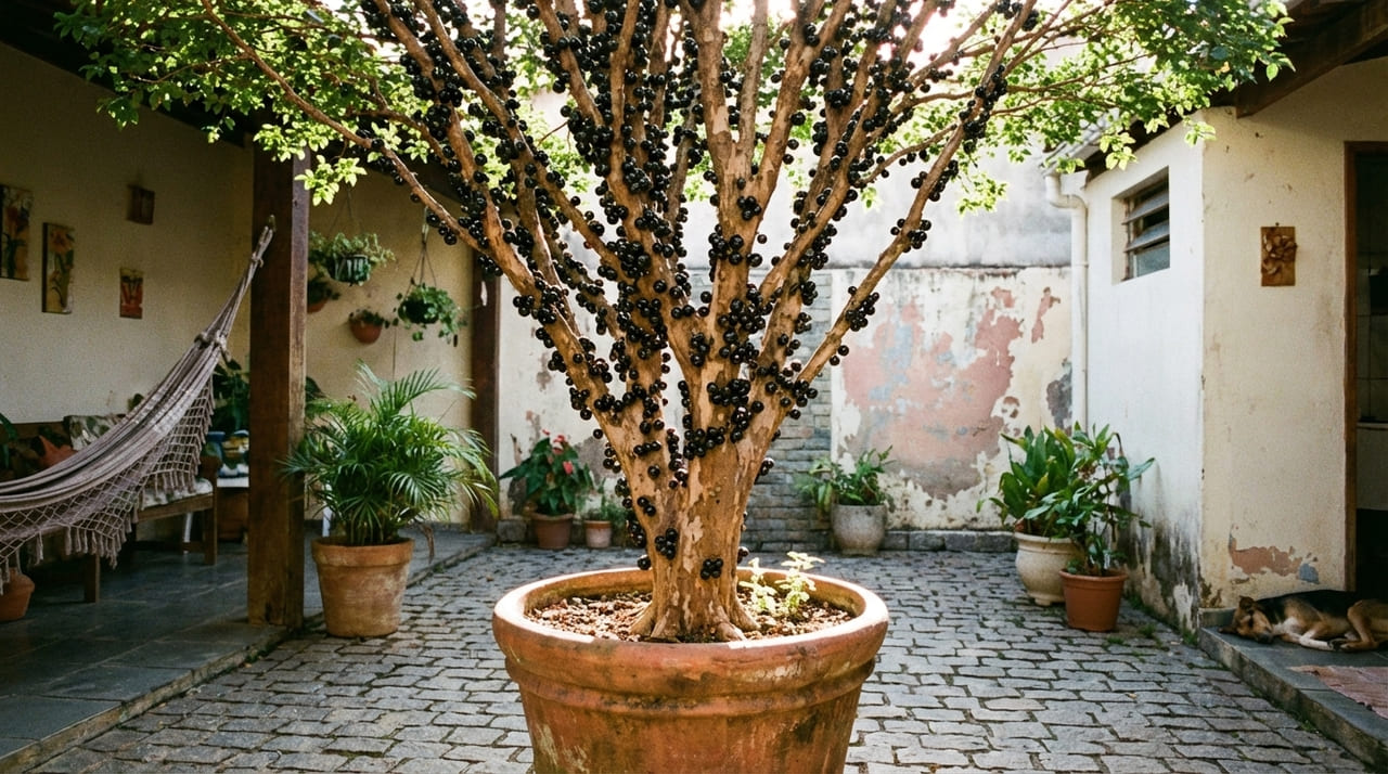 A jabuticabeira é ideal para ambientes reduzidos por ter crescimento controlado e se adaptar bem ao cultivo em recipientes.