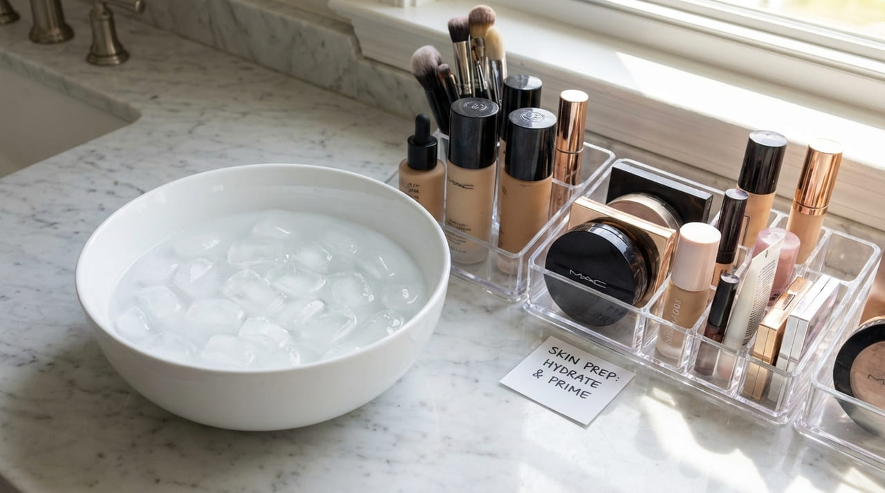 A água gelada atua como um primer natural que fecha os poros e melhora a fixação dos produtos na pele.