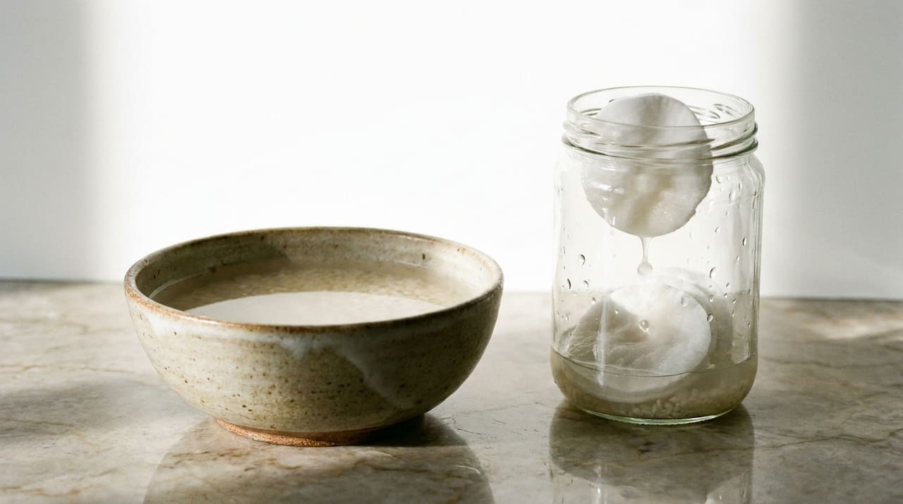 A água de arroz fermentada atua como um potente antioxidante natural que combate o envelhecimento precoce e uniformiza o tom do rosto.