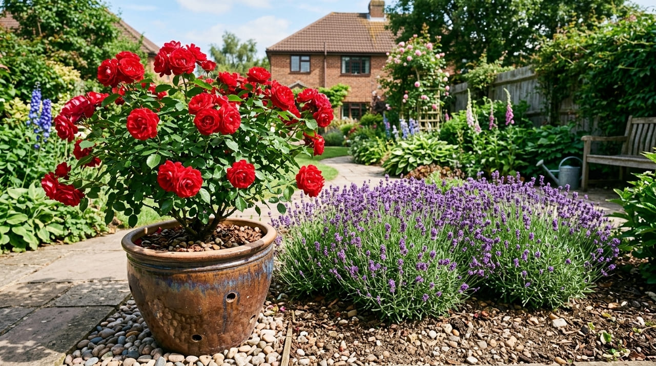 A união estratégica entre a Rosa L. e a lavanda cria uma barreira natural que protege o solo e potencializa o vigor das flores.