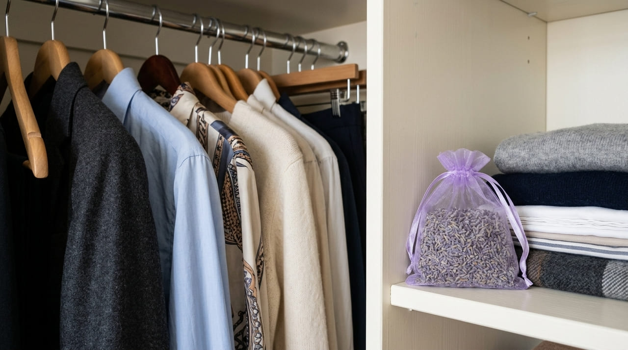 A lavanda seca atua como repelente de traças e ajuda a controlar a humidade nas gavetas.