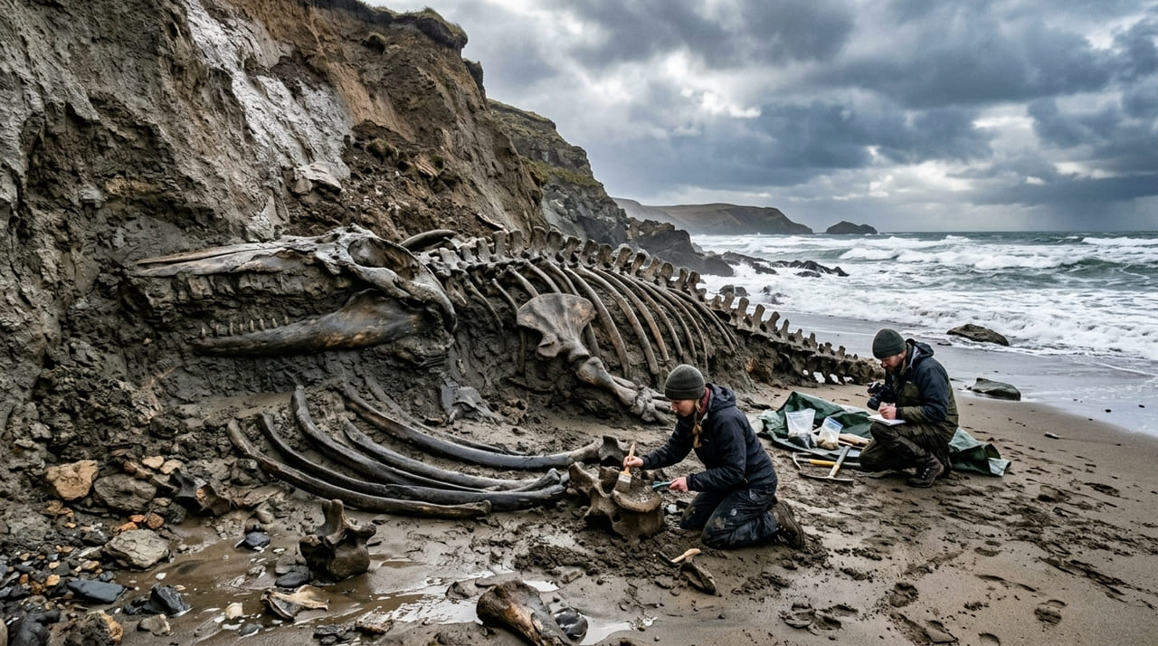 Tempestades na costa revelam fósseis de baleias de dez milhões de anos preservados em camadas de argila.