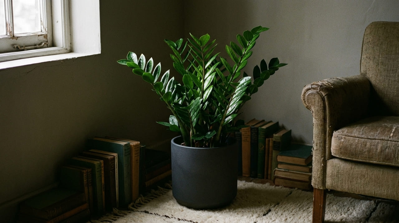 A zamioculca é a solução ideal para espaços sombreados devido à sua alta resistência e baixa necessidade de luz.