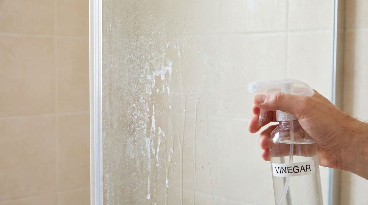 A acidez natural do vinagre de álcool dissolve a gordura e os minerais acumulados no box de forma rápida.