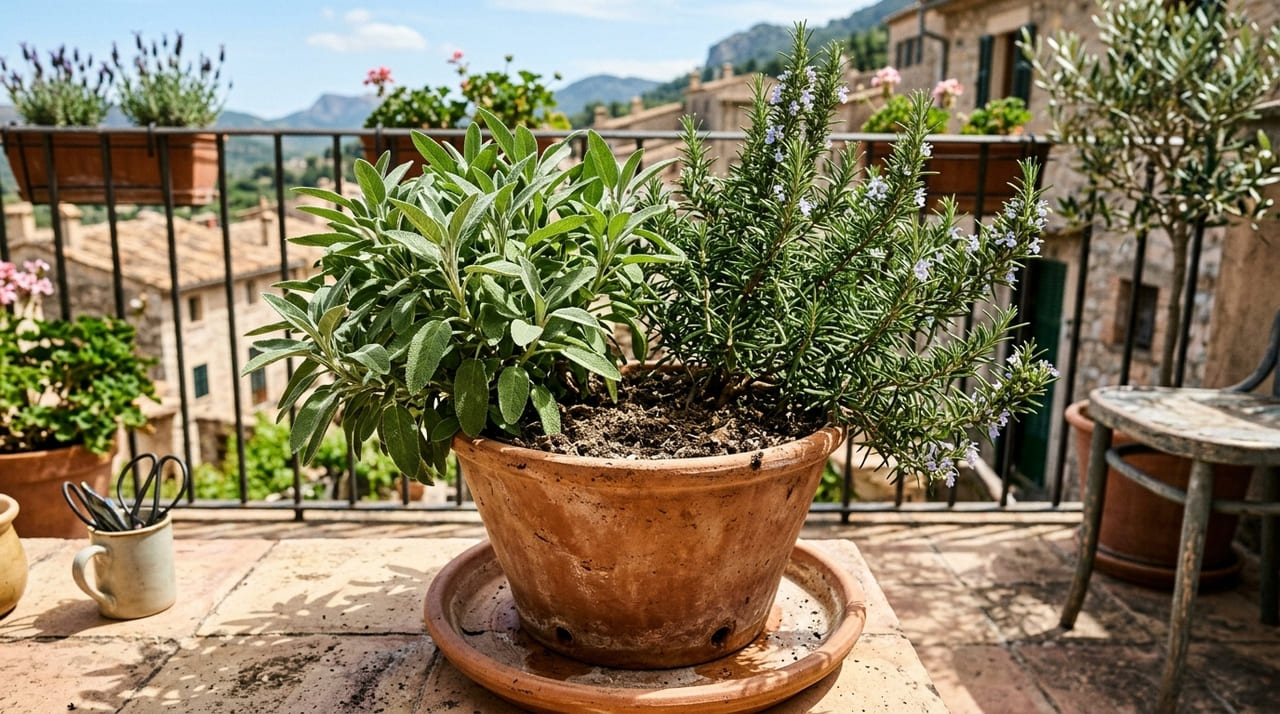 A combinação de sálvia e alecrim em um mesmo vaso otimiza o espaço e facilita o manejo hídrico das ervas.