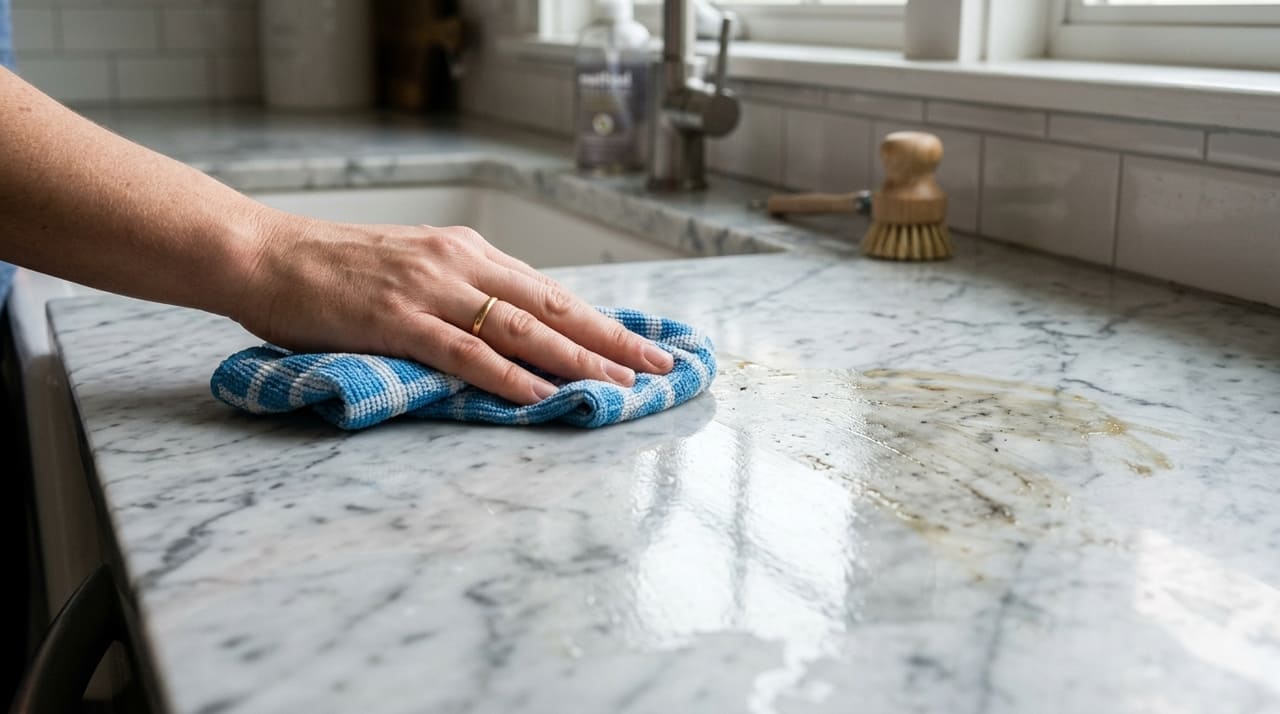 A limpeza do mármore exige agentes suaves e pH equilibrado para evitar danos à pedra.