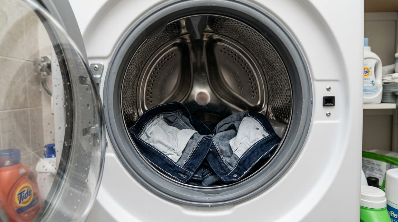 Lavar a calça jeans do avesso reduz o atrito e protege o pigmento das fibras contra o desbotamento.