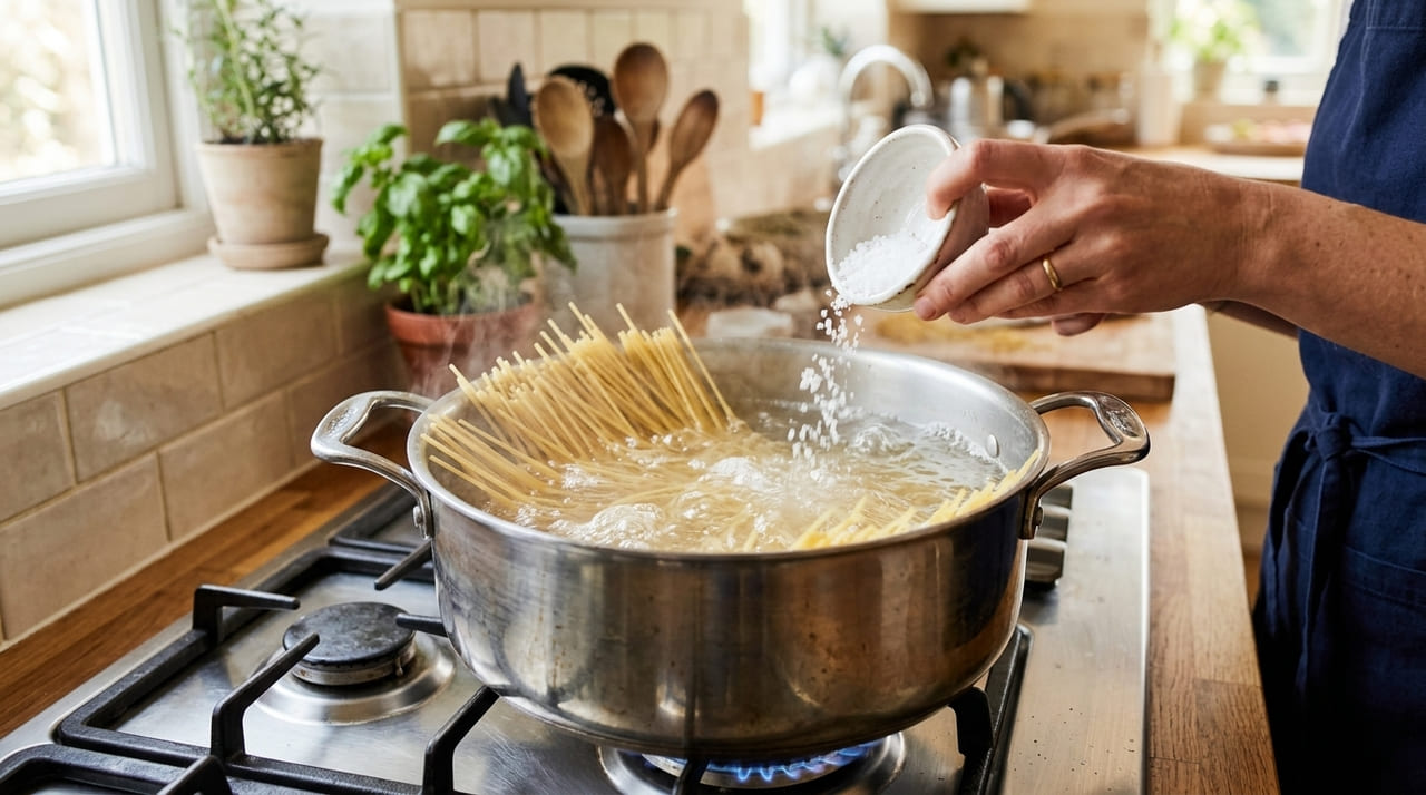O uso correto do sal e o controle térmico garantem uma textura al dente e evitam que os fios grudem.