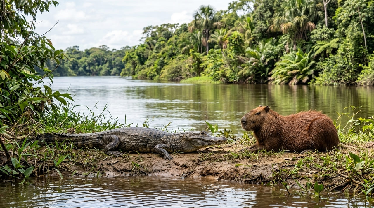 A economia de energia dos jacarés e a vigilância das capivaras sustentam uma convivência estratégica nos ecossistemas brasileiros.
