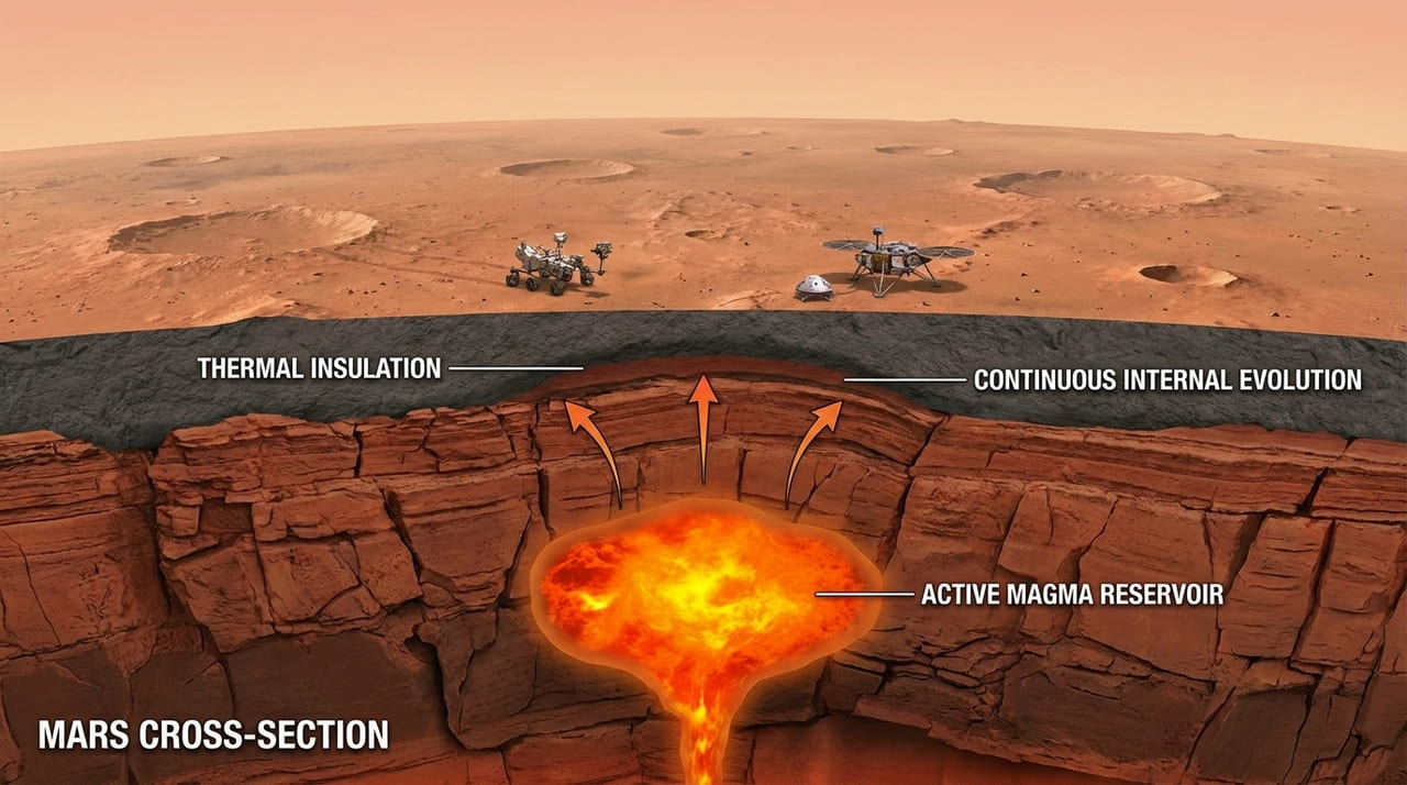 A análise da região de Tharsis revela que o interior de Marte permaneceu aquecido por muito mais tempo do que o previsto.