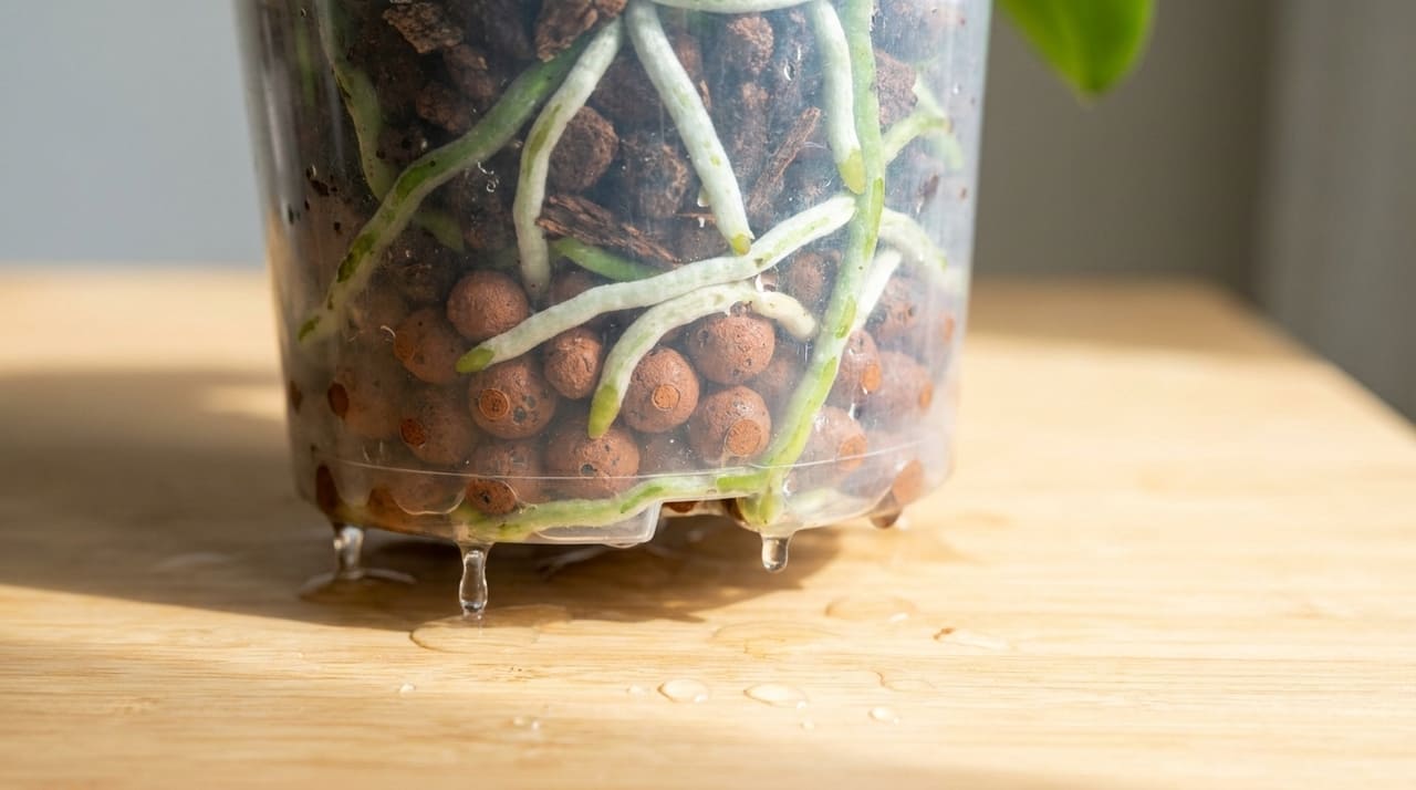 Manter o equilíbrio hídrico através de camadas de drenagem é mais eficaz para a durabilidade da orquídea do que o uso exclusivo de adubos.