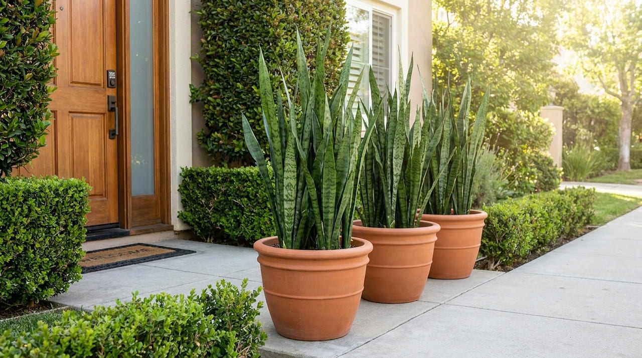 Posicionar a sansevieria na calçada cria um filtro preventivo que estabelece um limite claro entre o caos externo e a paz familiar.