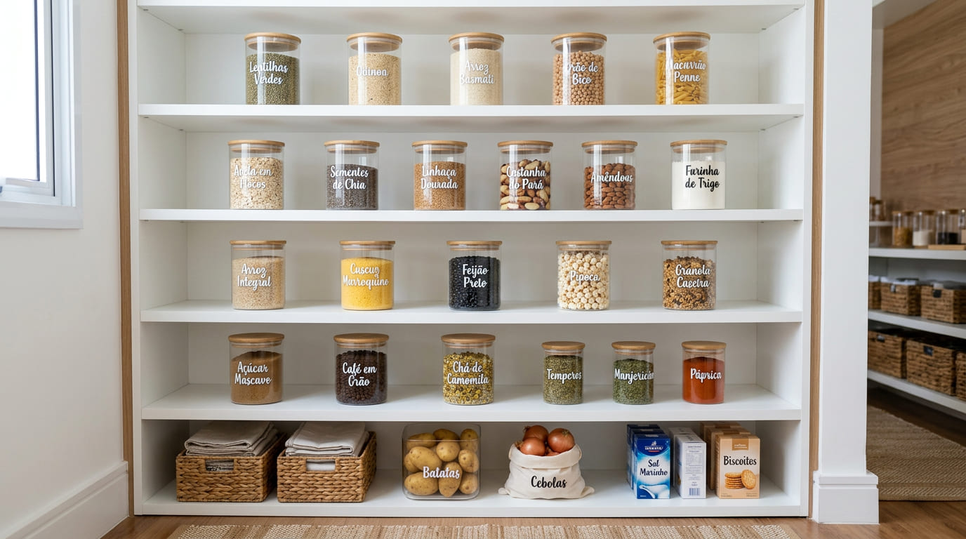A técnica japonesa de organizar a despensa que impede o acúmulo de pó e farelo no fundo das prateleiras de madeira
