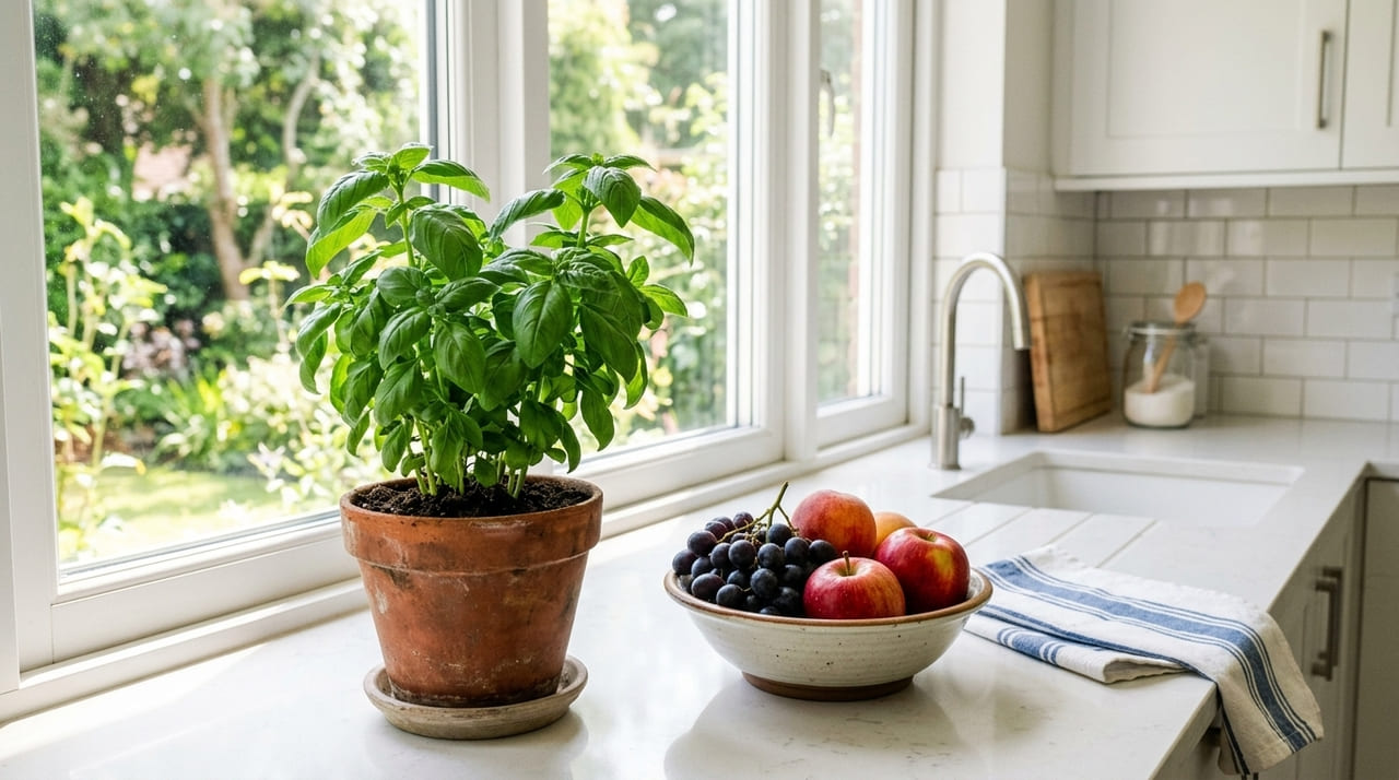 O cultivo de manjericão cria uma barreira sensorial natural que afasta insetos e perfuma o ambiente de preparo.