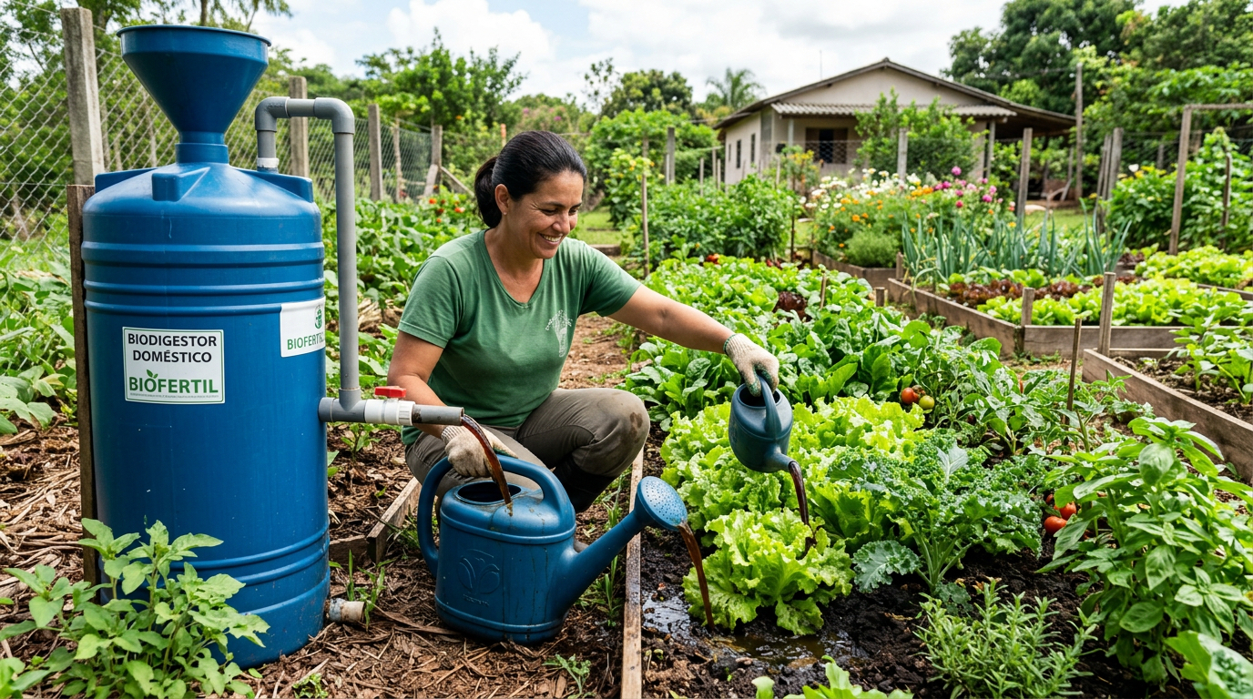 Close de mãos abastecendo um sistema de biodigestão com restos de vegetais e cascas de frutas.