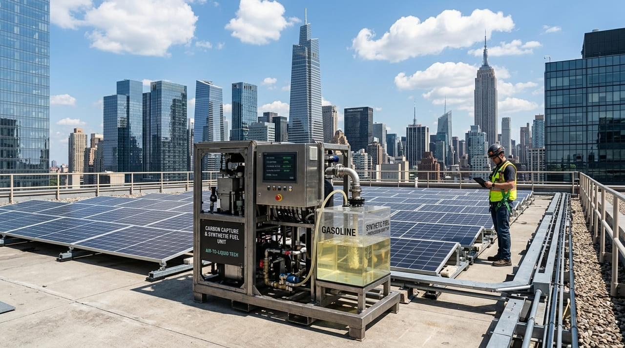 Nova tecnologia de captura direta de carbono permite a produção de gasolina sustentável utilizando apenas energia limpa e filtragem atmosférica.