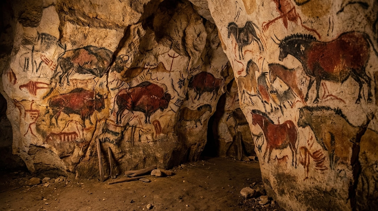 As paredes rochosas de Lascaux preservam figuras de animais selvagens executadas com precisão técnica e pigmentos naturais ancestrais.
