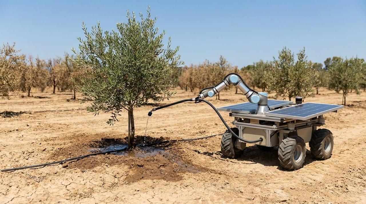 Robôs autônomos utilizam sensores térmicos e inteligência artificial para fornecer a quantidade exata de água necessária para cada árvore individualmente.