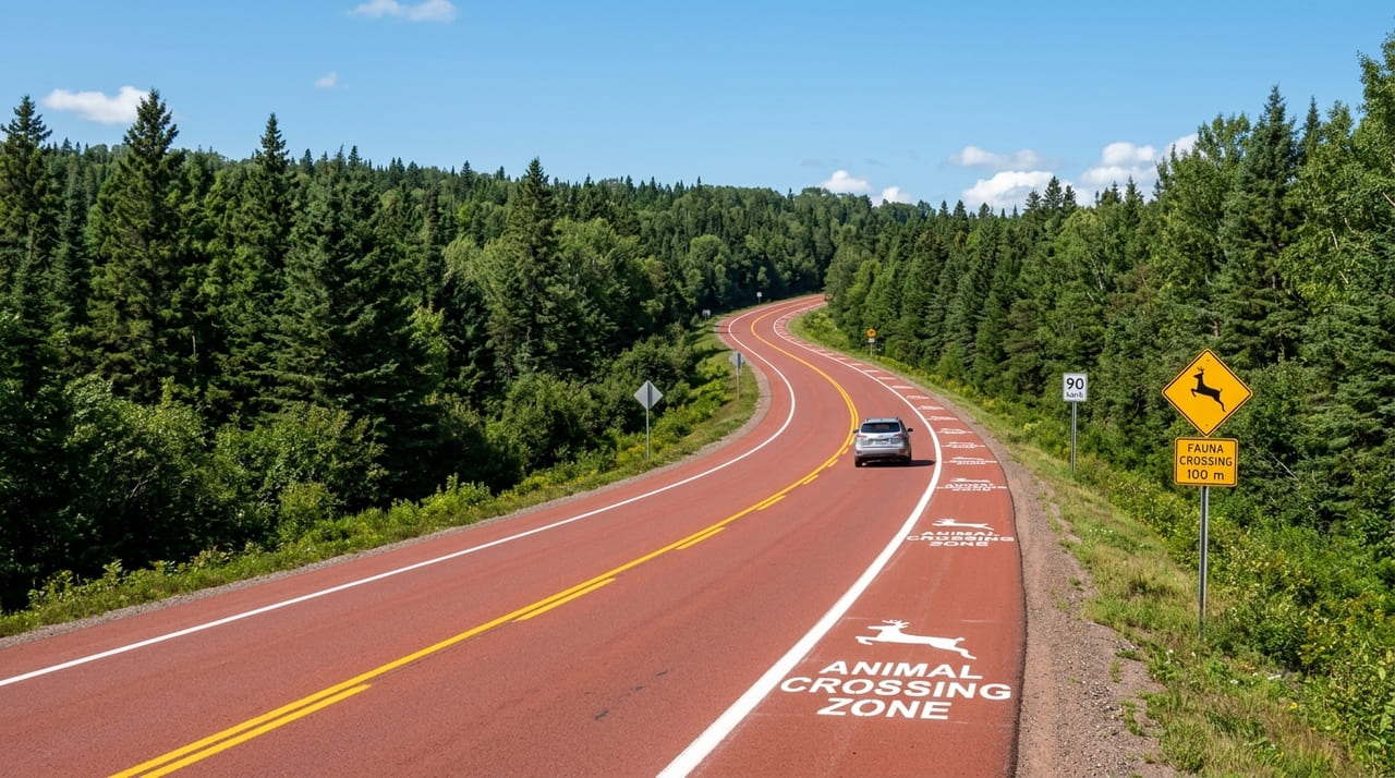 A nova pavimentação na Índia utiliza estímulos visuais cromáticos para induzir motoristas a reduzirem a velocidade em zonas de travessia animal.