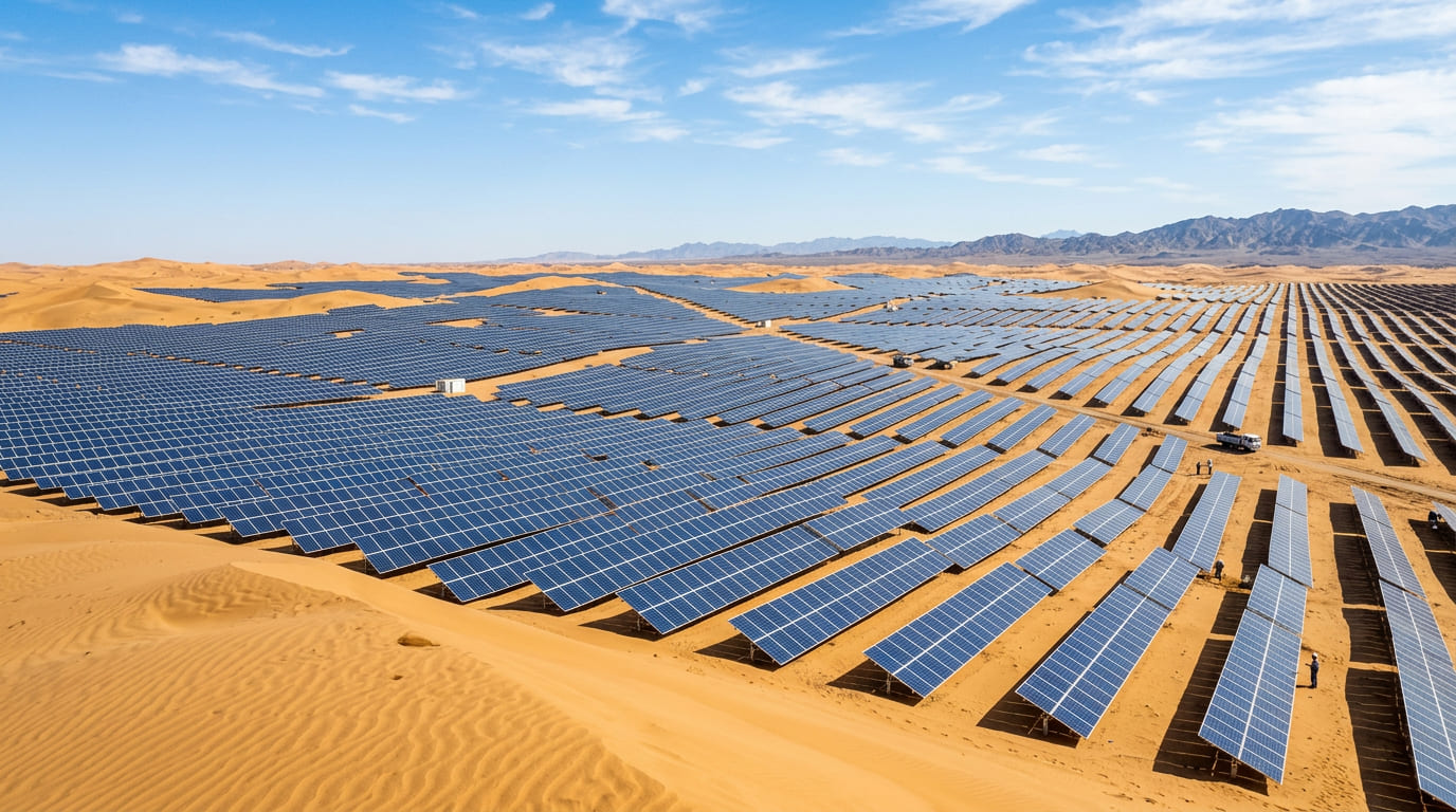 Módulos fotovoltaicos instalados em dunas desérticas geram energia limpa e favorecem o ressurgimento da vegetação local.