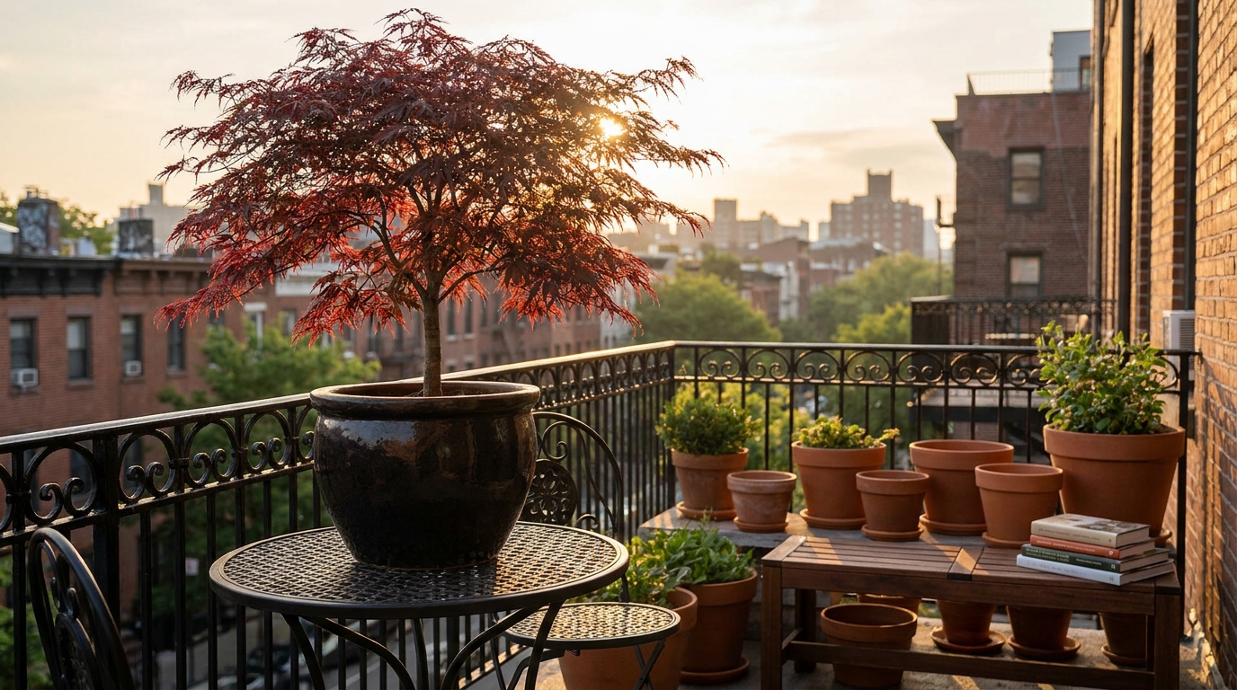 O cultivo em recipientes permite que esta espécie japonesa crie um ponto focal de beleza natural mesmo em ambientes com pouco espaço.