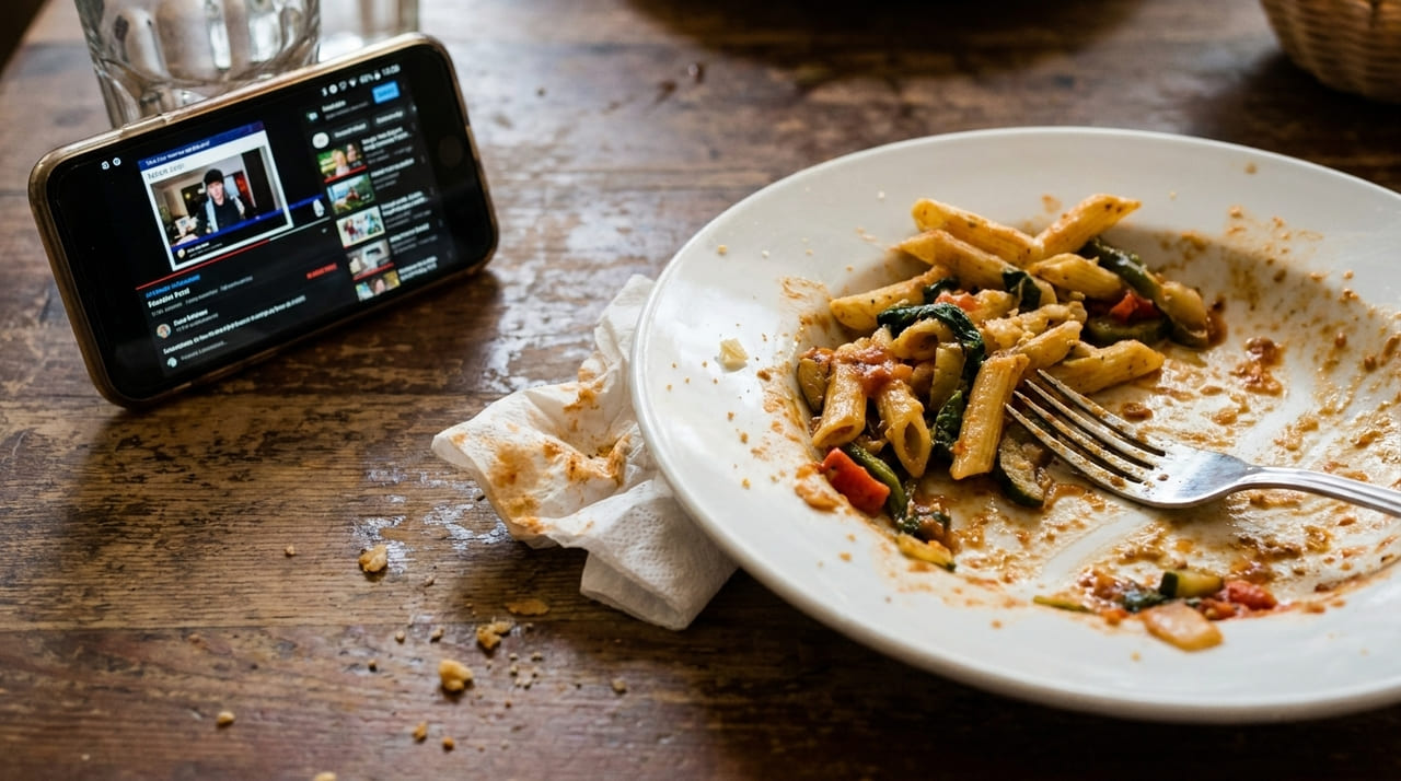 A necessidade de estímulos visuais durante as refeições reflete uma desconexão com os sinais de saciedade e uma busca por dopamina rápida.