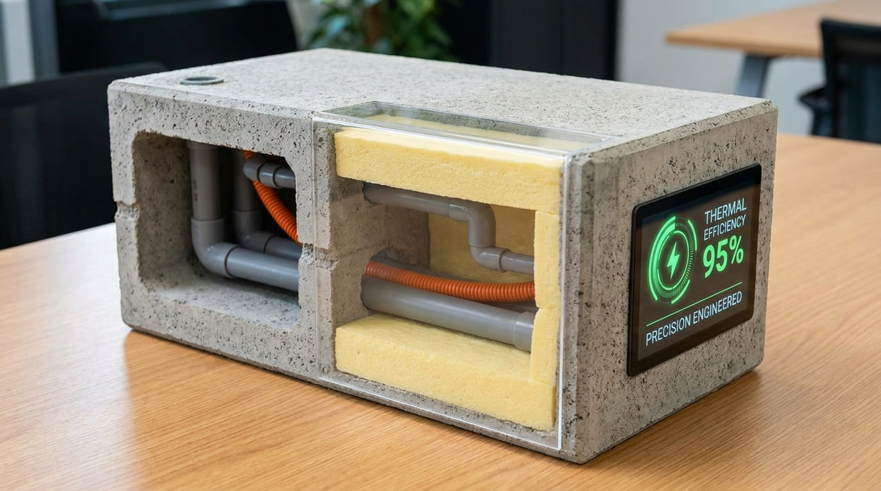 O design inteligente dos blocos reduz o desperdício de materiais e garante o alinhamento automático das estruturas no canteiro.