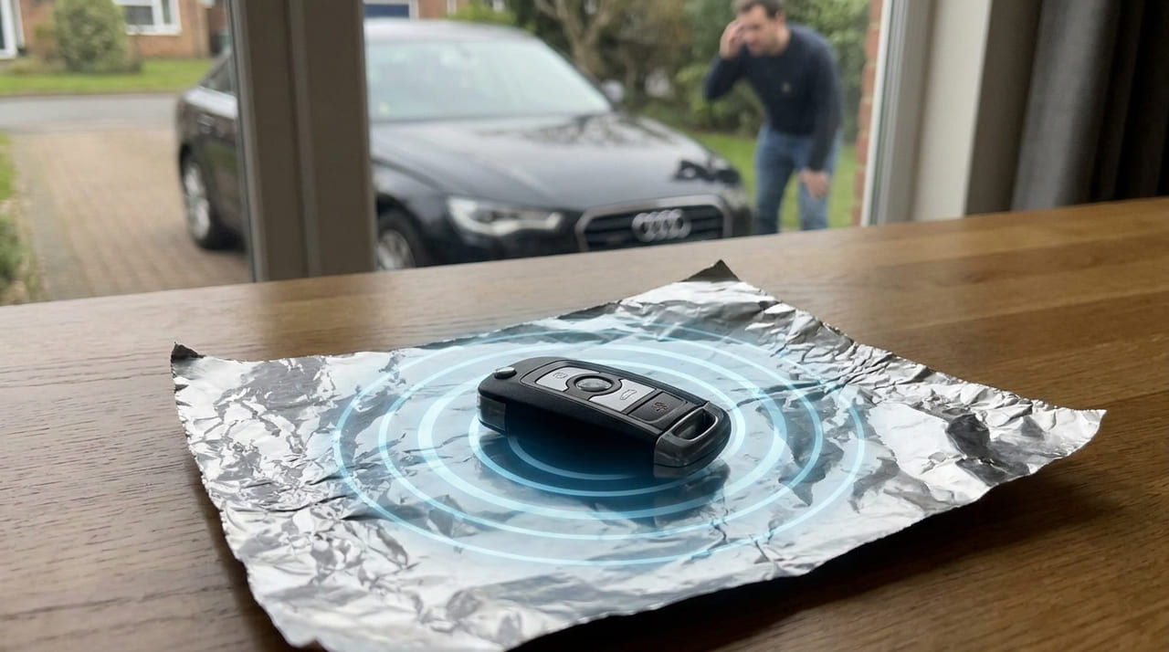 O uso de papel alumínio nas chaves presenciais cria um escudo eletromagnético que impede a clonagem de sinais por criminosos.