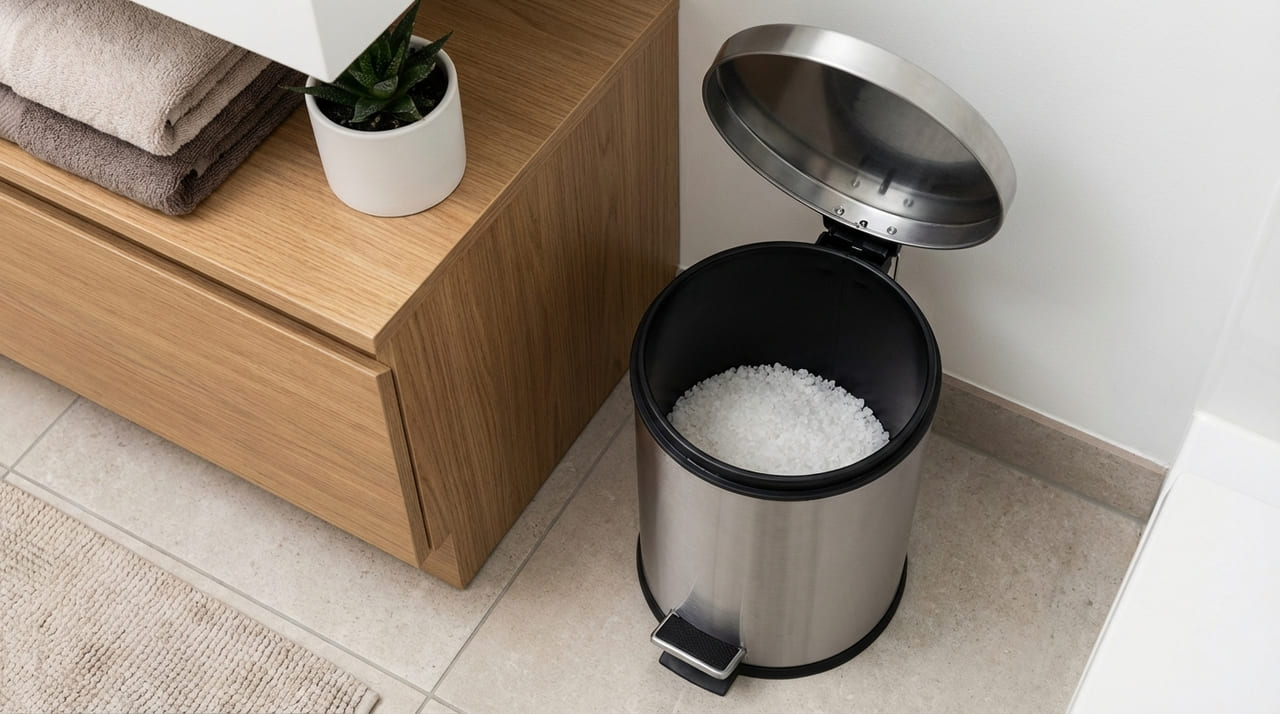 O uso estratégico do sal grosso ajuda a manter a higiene e o frescor do banheiro social.