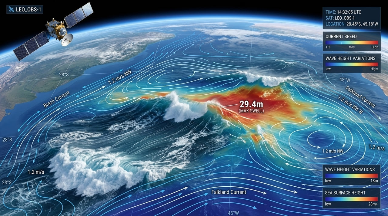 Sensores espaciais detectam a energia de ondas gigantes para monitorar o equilíbrio dos ecossistemas oceânicos.