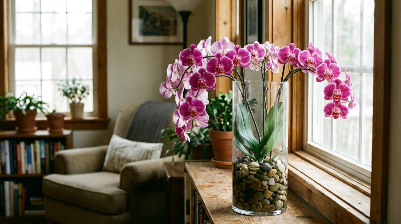 O uso de pedrinhas no fundo do vaso garante a drenagem necessária para evitar o apodrecimento das raízes e prolongar a vida da planta.
