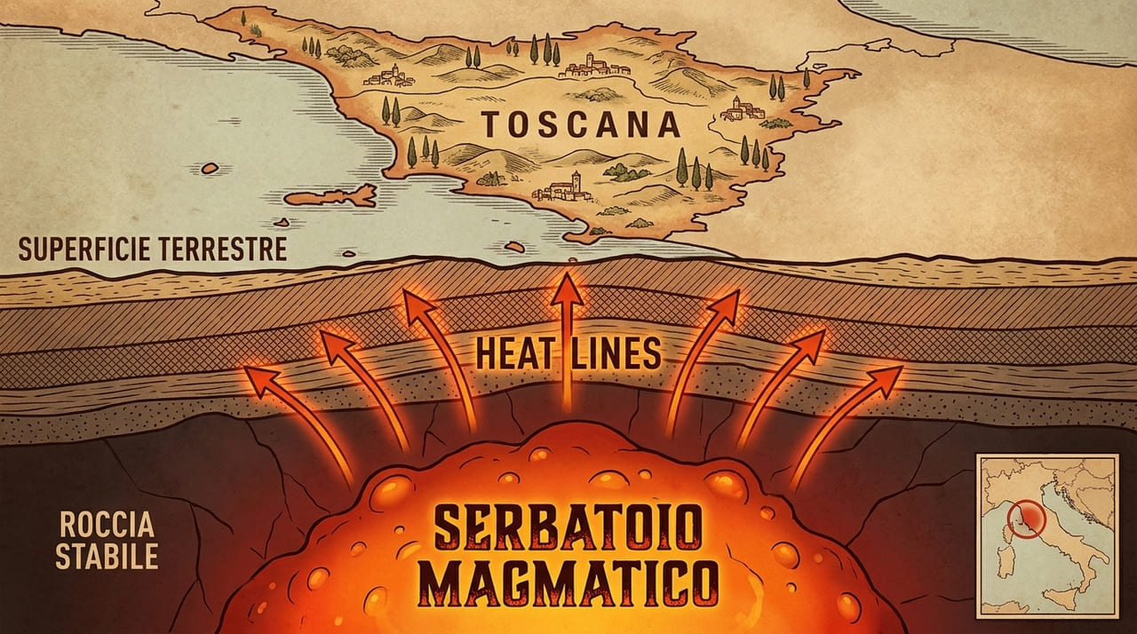 A descoberta de milhares de quilômetros cúbicos de magma sob a Toscana redefine o monitoramento dos riscos geológicos na região.
