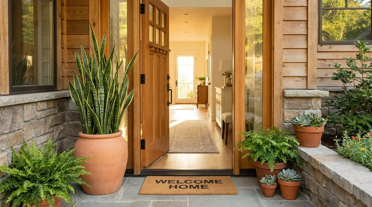 A escolha estratégica de plantas na entrada atua como uma barreira protetora que purifica o fluxo de energias no lar.