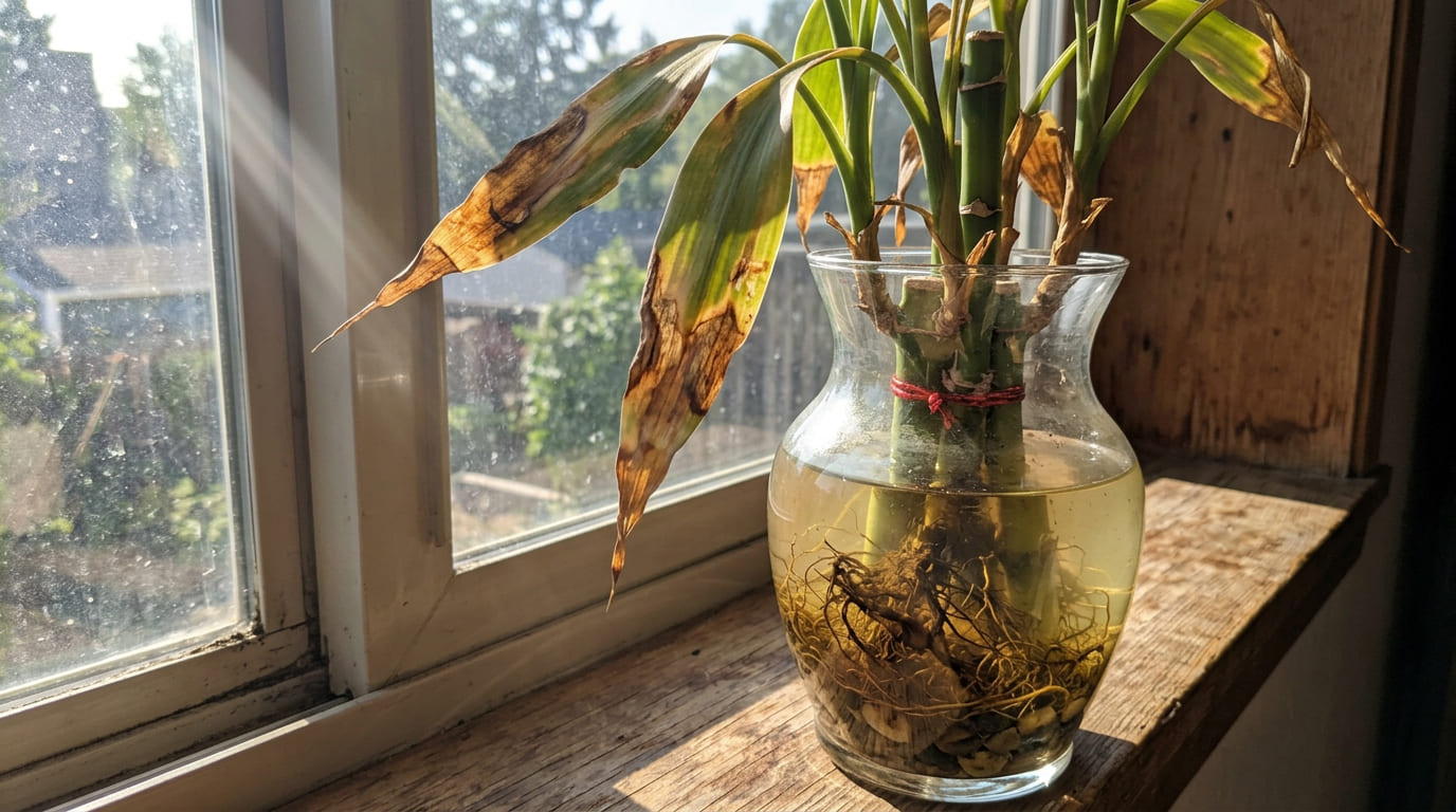 Close nas folhas verdes vibrantes de um bambu da sorte posicionado próximo a uma janela com luz filtrada.