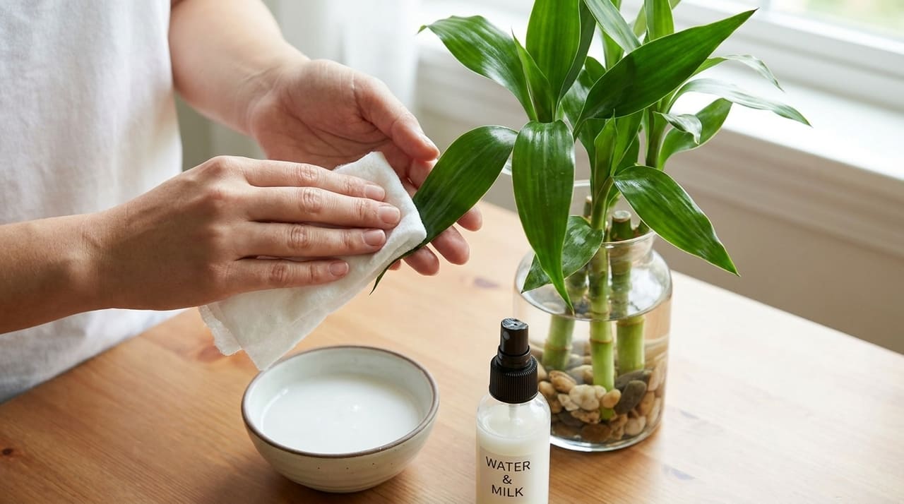 A limpeza das folhas com uma solução de leite e água previne doenças e garante o brilho necessário para a saúde vegetal.