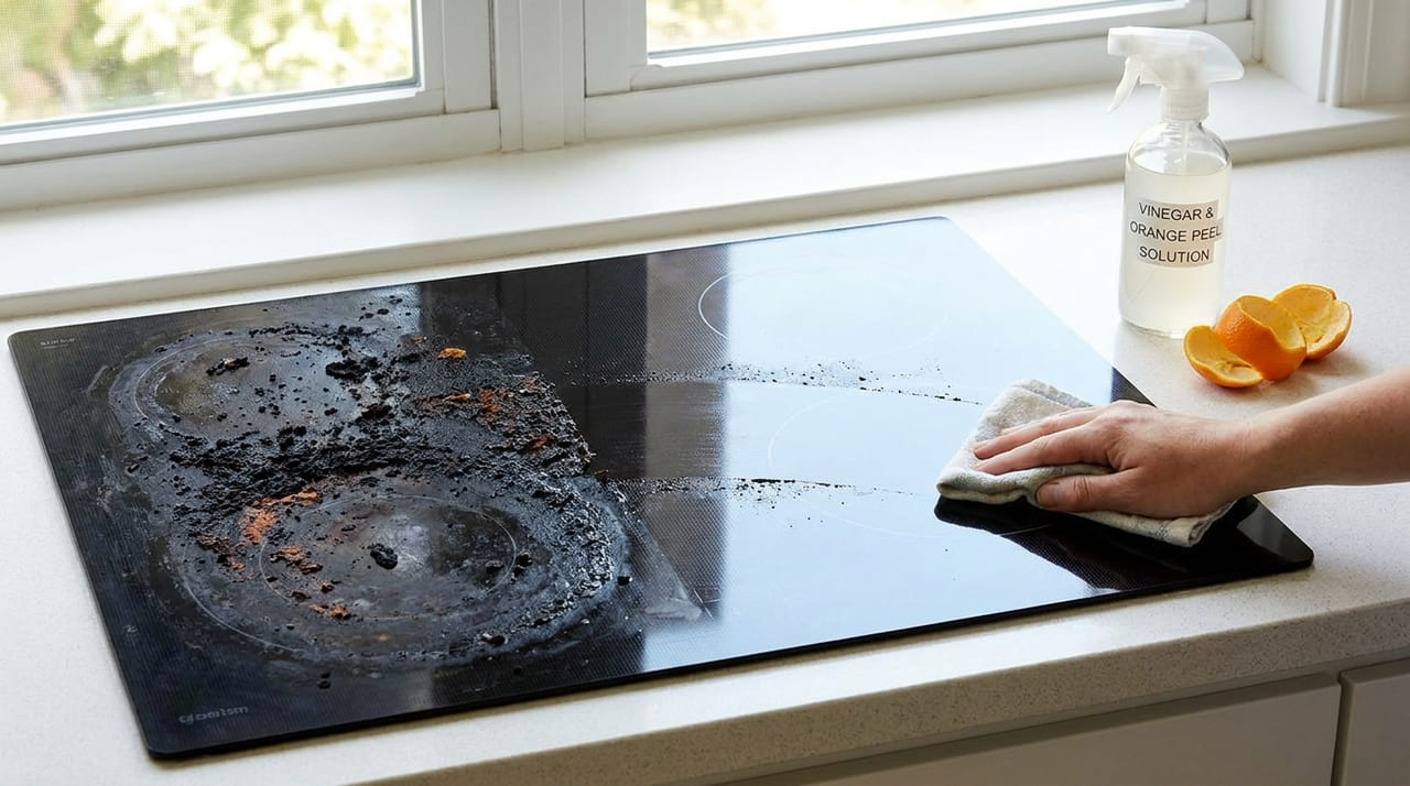 Ferver cascas de laranja com vinagre cria um desengordurante potente que elimina odores de fritura e remove crostas queimadas.