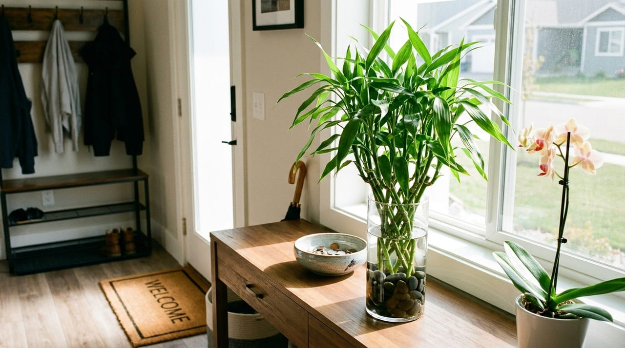 O posicionamento estratégico do bambu na entrada da casa filtra energias negativas e promove a prosperidade no ambiente doméstico.