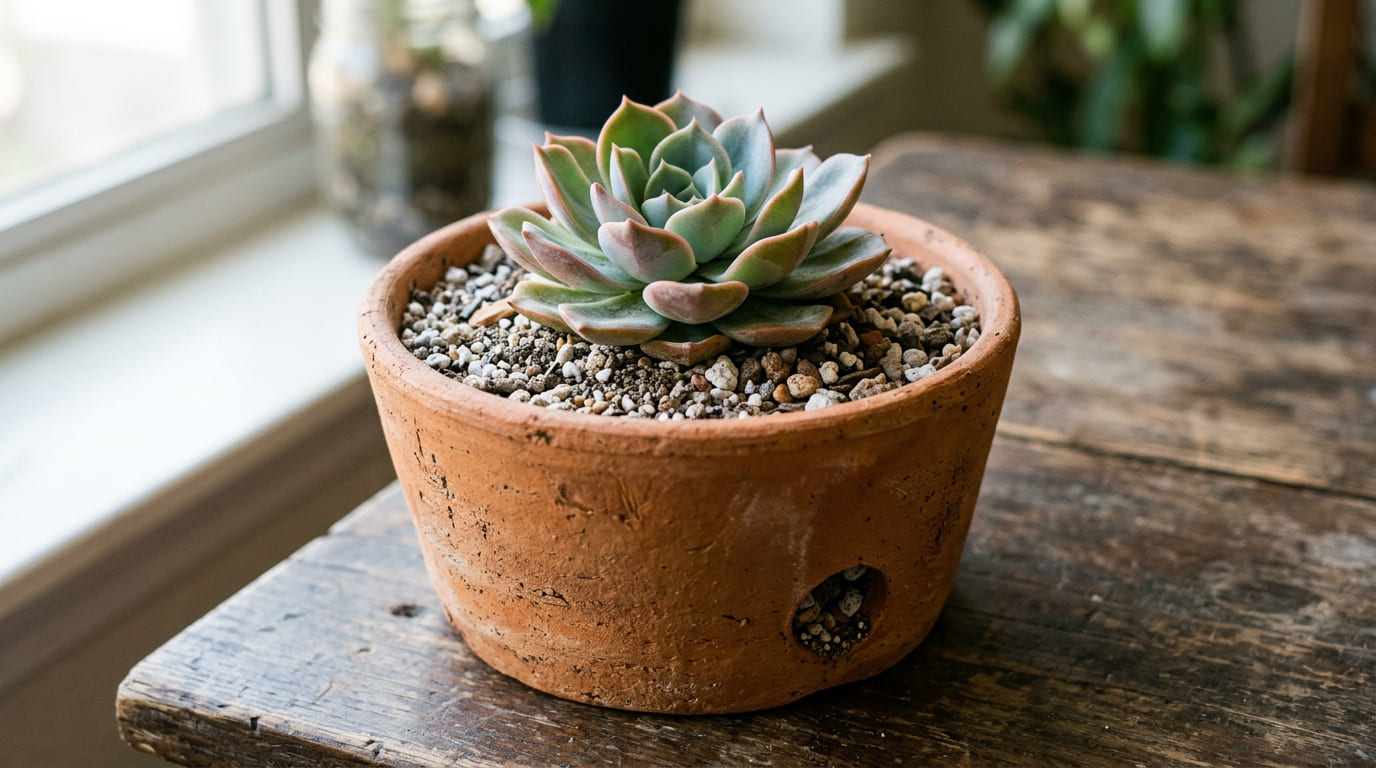 Ambiente interno iluminado com plantas rústicas em prateleiras, destacando o contraste orgânico.