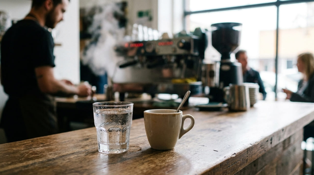 O ritual de acompanhar o café com água garante a neutralização do paladar e potencializa o retrogosto da bebida selecionada.